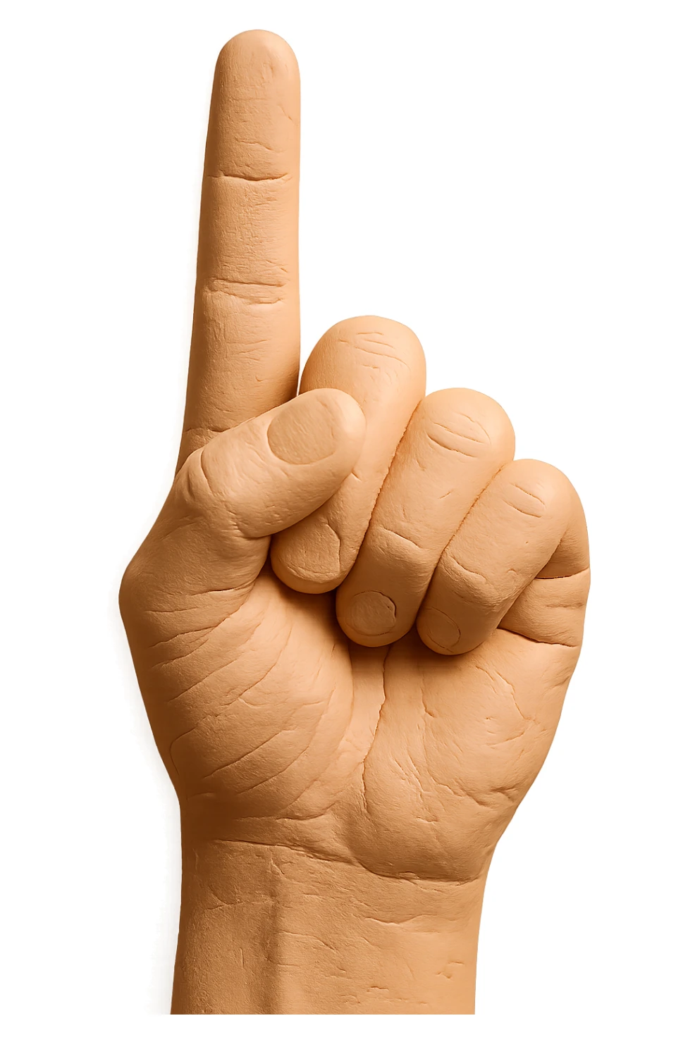 Make the hand look even more plasticy and like a figurine's hand, with a smooth, slightly glossy plastic surface, very detailed and high quality, pointing upwards with the pointer finger extended, realistic skin color, no background. sticker