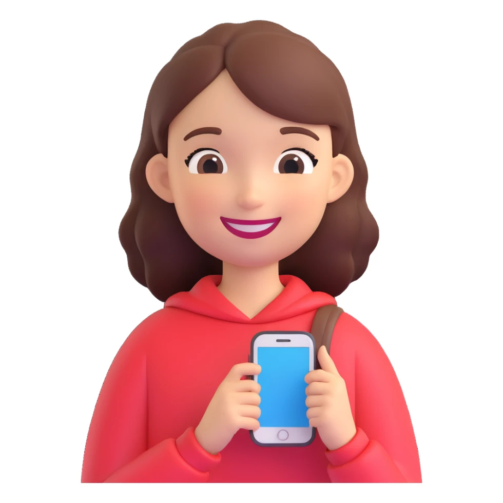 a girl holding a smartphone, smiling sticker