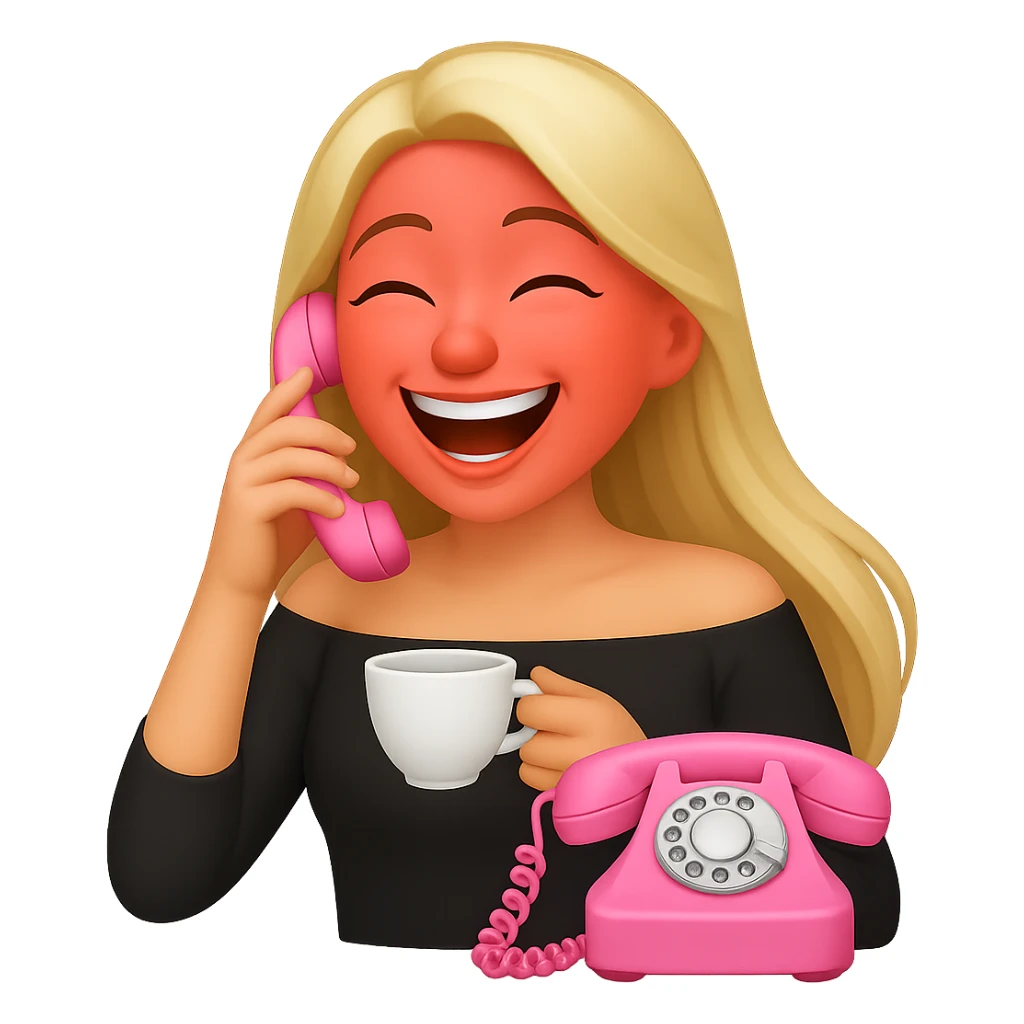 Make the character laughing, keep her straight long blond hair, depict her gossiping on a pink analogue phone, holding a tea cup, wearing an off-shoulder black top, with a red face. The style should resemble emoji style. Remove the background. sticker