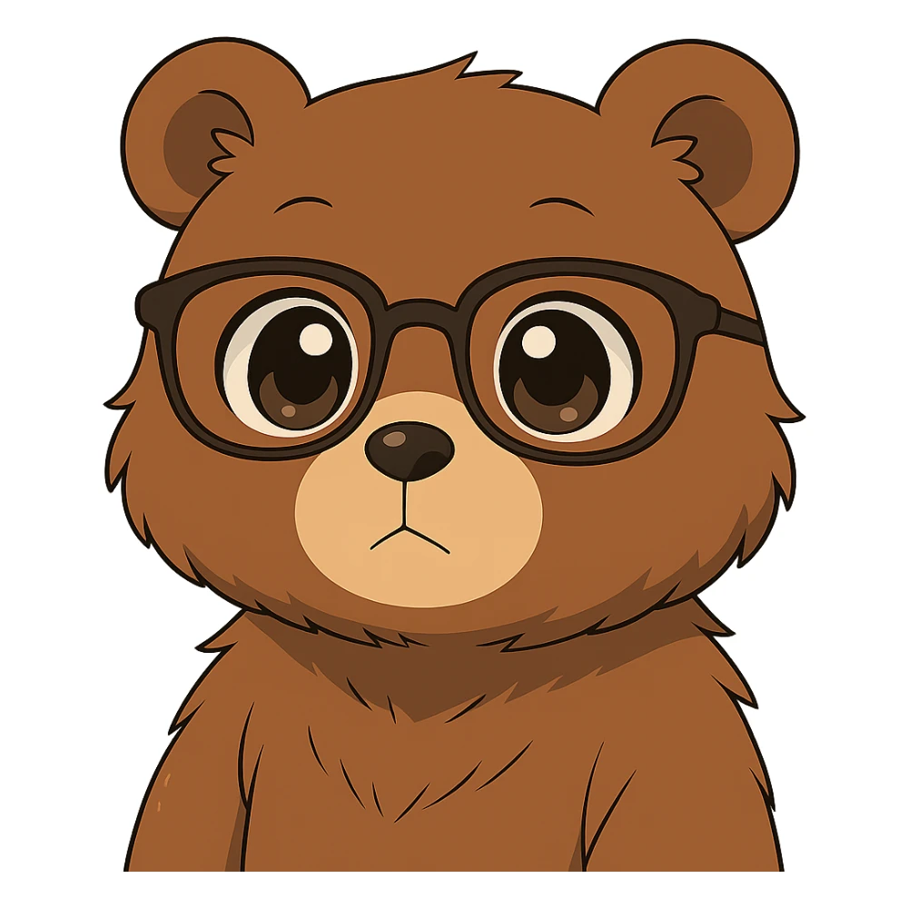 Make the anime style bear with glasses cuter by giving it bigger eyes and a rounder face. Keep no background. The style should remain anime-like. sticker