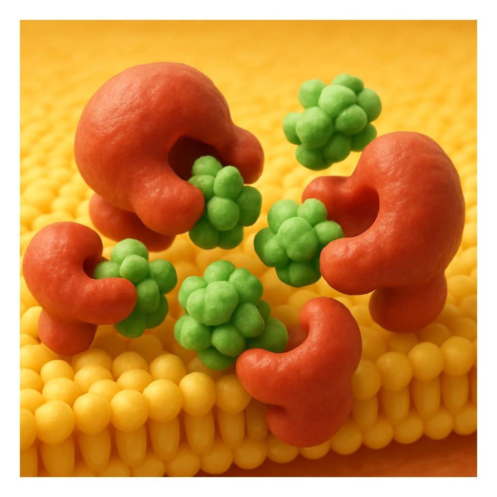 A realistic 3D render and really detailed of enzymes (red) breaking down starch (green) near a cell membrane (yellow). Macro photography style. No labels. sticker
