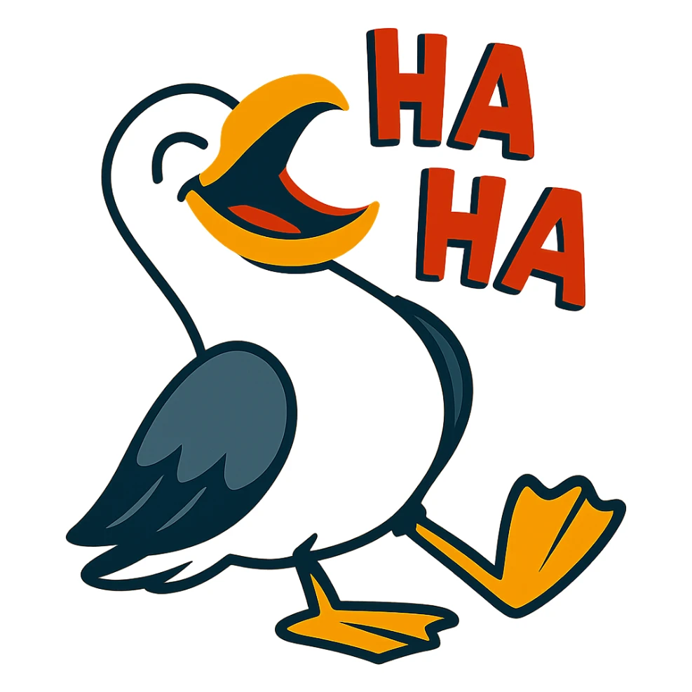 a seagull tilting back, eyes closed, laughing loudly, vibrant toon style, cartoonish sticker