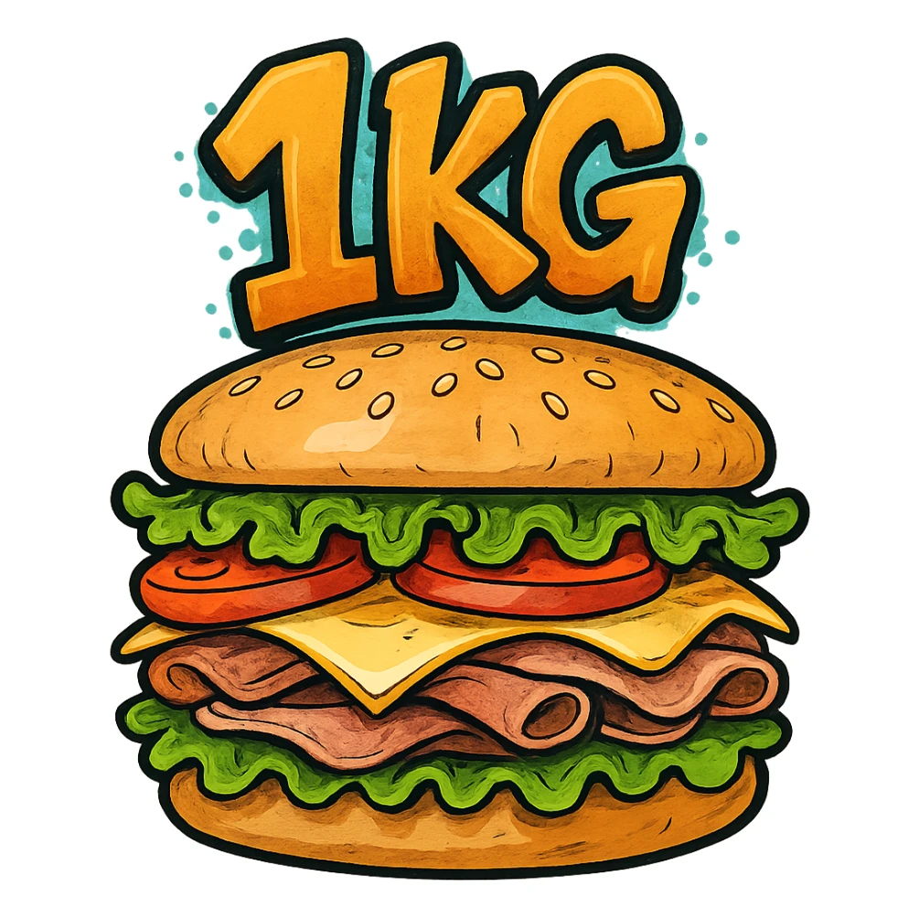 giant sandwich with '1kg' in a graffiti-style playful font sticker