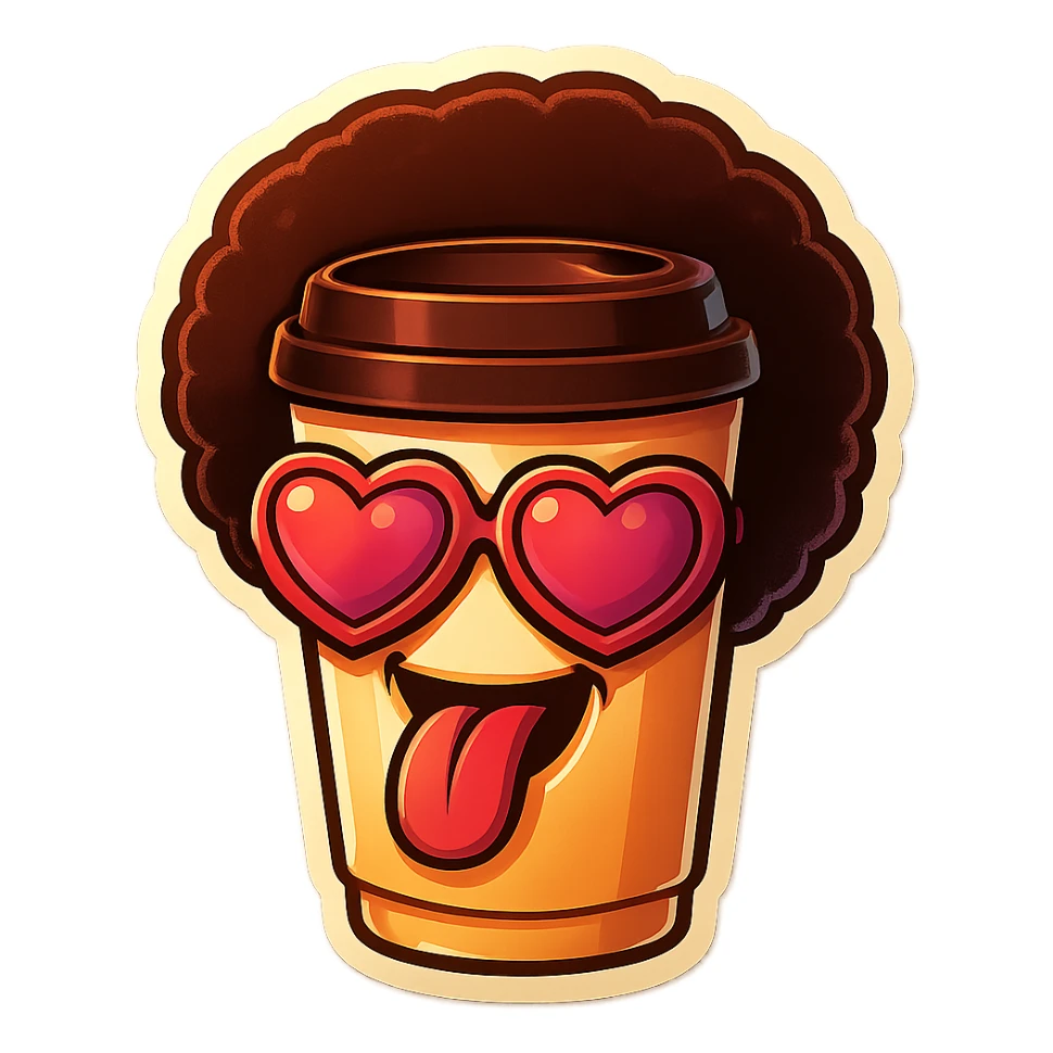 Tall coffee cupp, afro, heart glasses, big heart eyes, tounge rolled out sticker