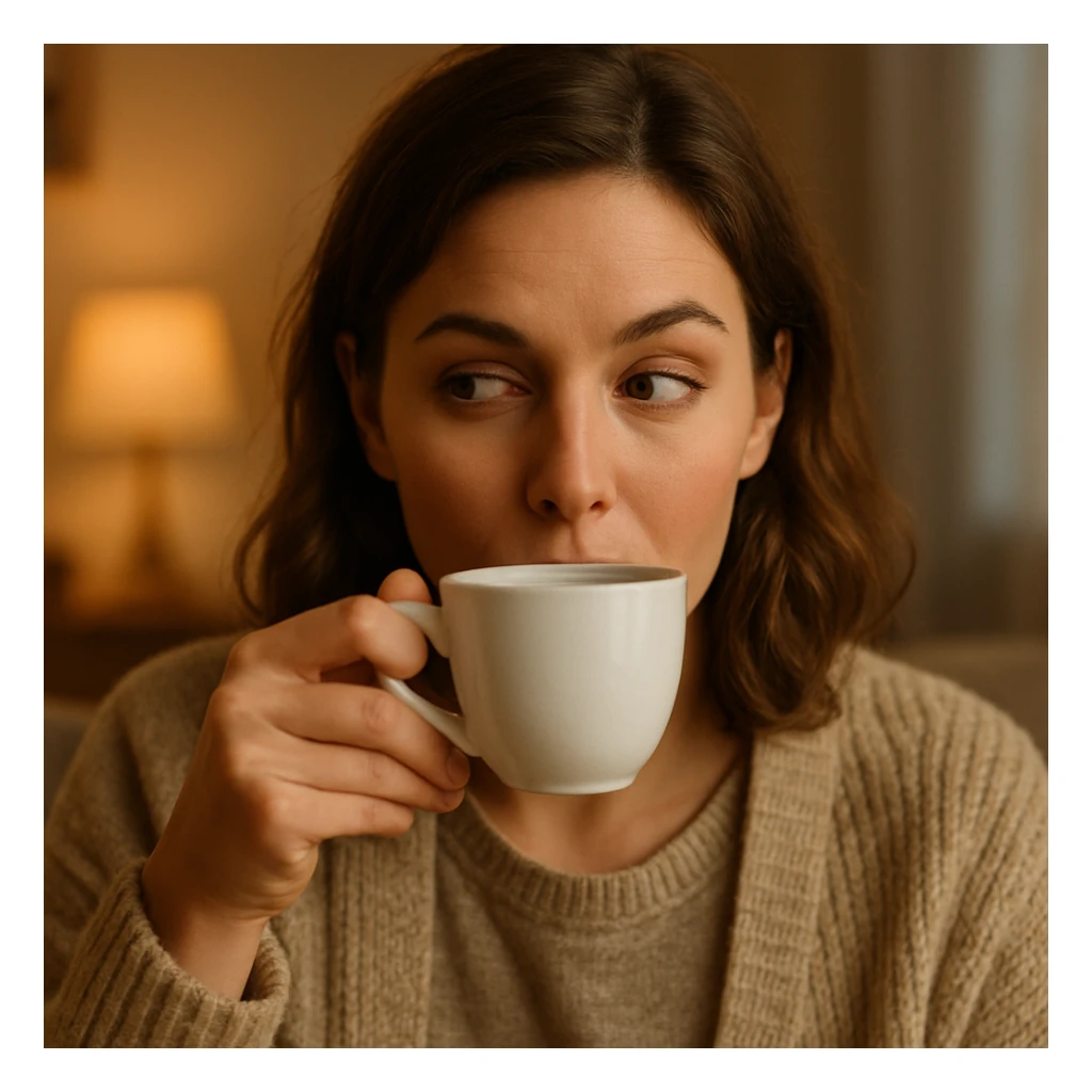 realistic woman giving side eye while sipping hot tea with her pinky up, subtle makeup, cozy setting sticker