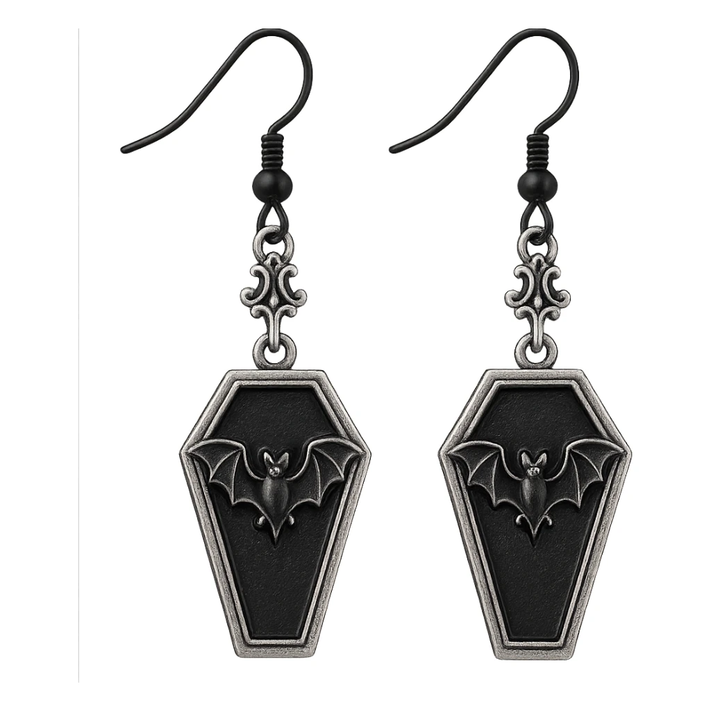 goth earrings, black coffin with bat, classic gothic, detailed sticker
