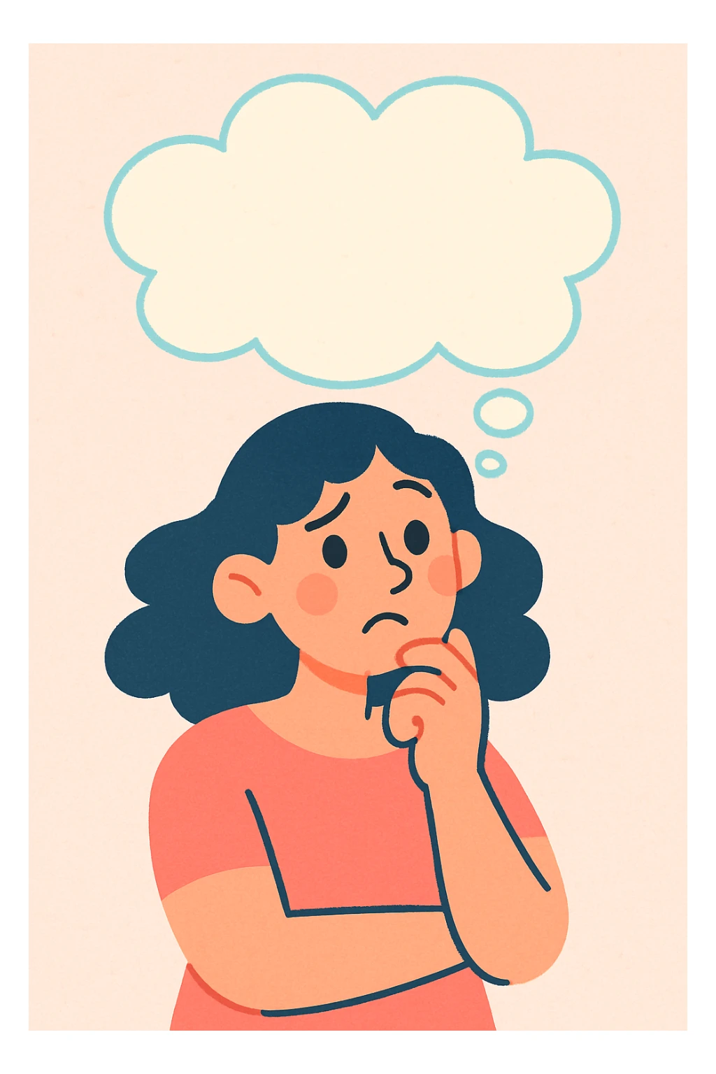 woman with a thought cloud above her head, soft pastel illustration style sticker