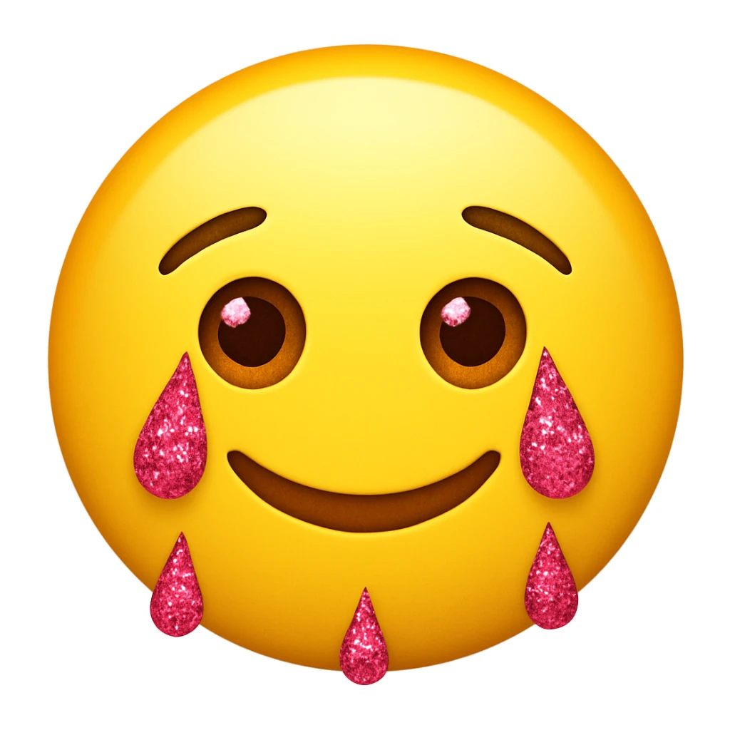 Make the tears pink glittery and the lips smile on a classic round yellow face emoji. The face should not be a woman face, but a classic emoji face. sticker