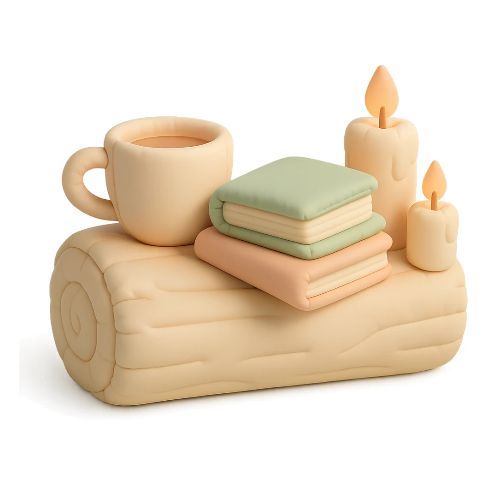 a log with tea, books, and candles, soft forest journaling mood, soft pastel colors, cushion style sticker