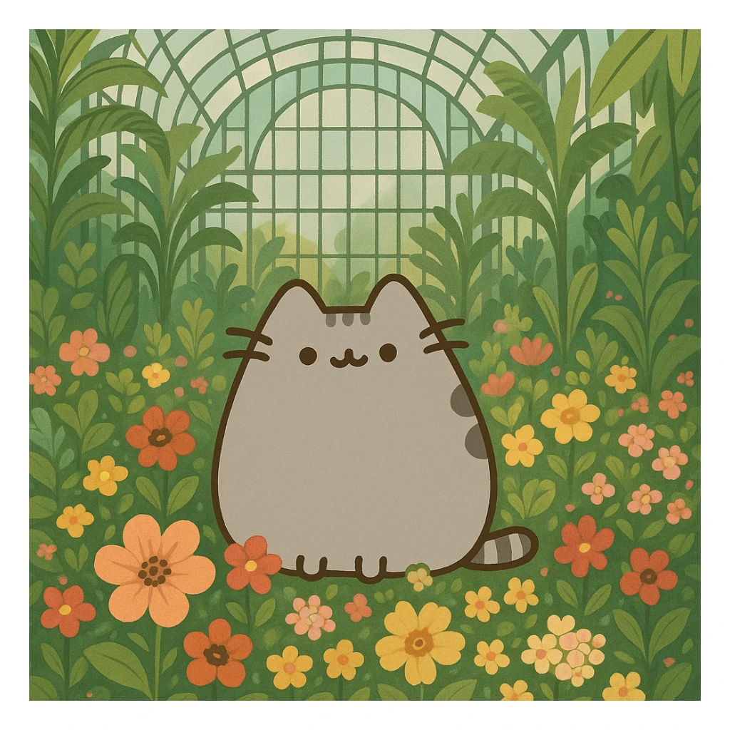 pusheen cat surrounded by flowers in a botanical garden greenhouse sticker