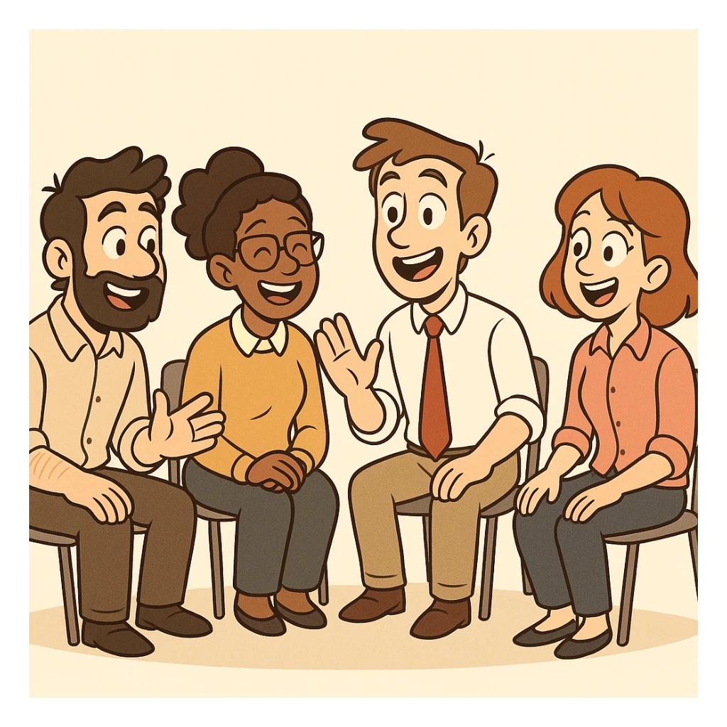a friendly work team during a circle briefing, cartoon style, cheerful expressions, people sitting in a circle, light background sticker