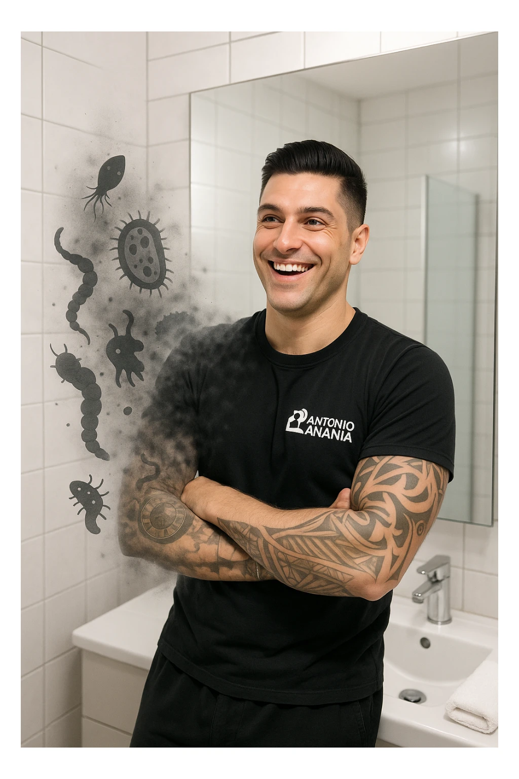 a man stands in a brightly lit bathroom, looking relieved and revitalized as he examines his reflection in the mirror. In the foreground, stylized, shadowy images of parasites (such as worms or protozoa) are shown leaving his body, dissolving into mist or fading away. His posture is upright and his expression is one of newfound energy and health. sticker
