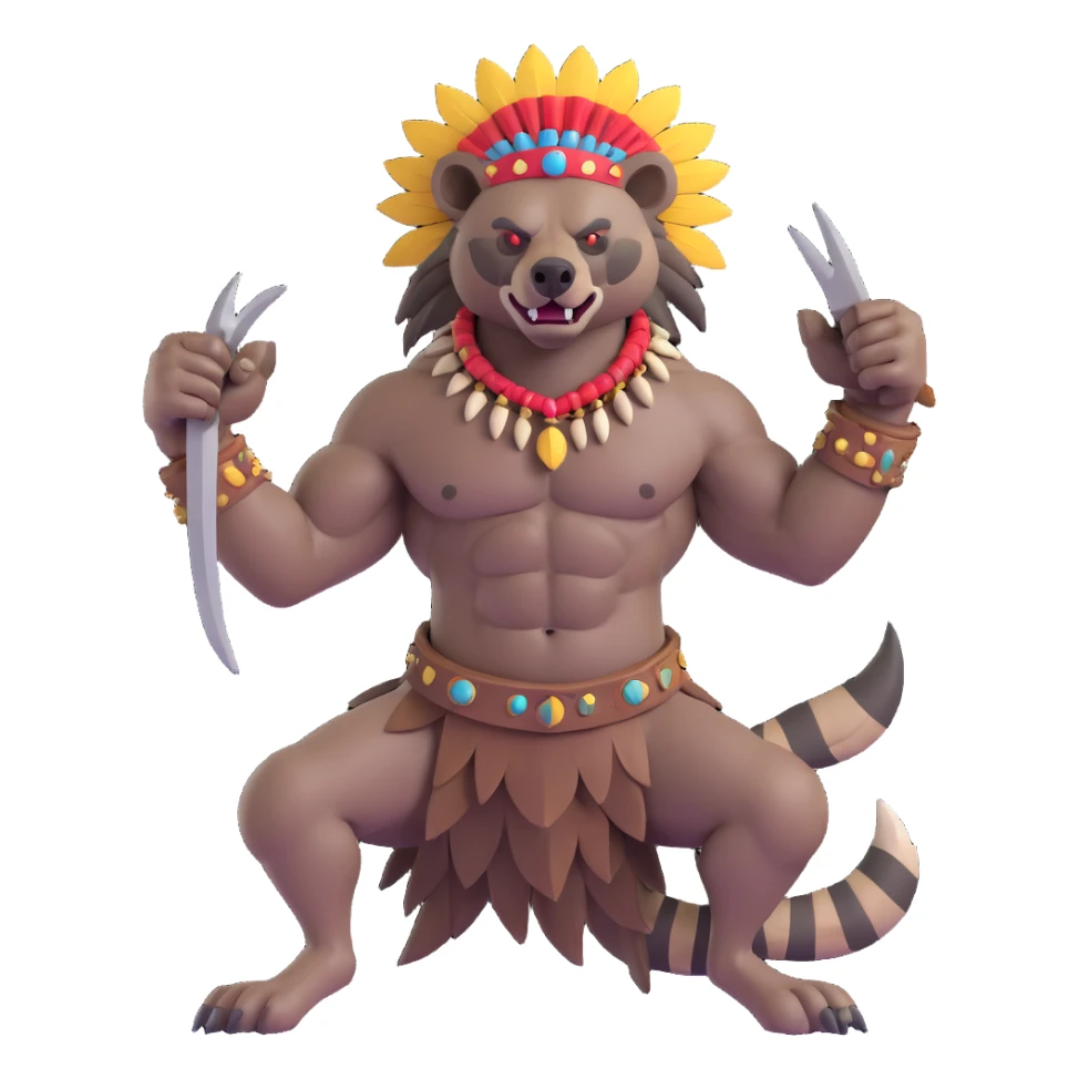 A native strong buff hyena with war bonnet flexing posing full body holding a chopped off human head by the hair  sticker