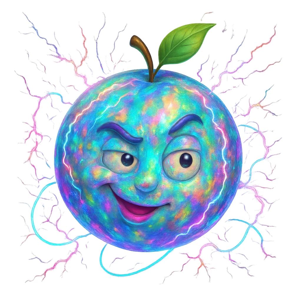 Make the Uranus emoji more eccentric with an opal-like iridescent texture. Add wild, electric, chaotic energy and a playful, unconventional face. Keep the background transparent. sticker