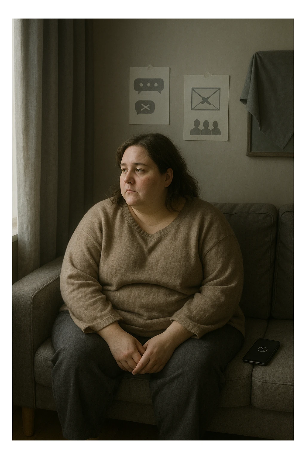 Donna tra i 30 e i 40 anni seduta sola su un divano, con espressione malinconica e corpo visibilmente appesantito. Indossa abiti larghi, avvolgenti, e guarda fuori dalla finestra mentre il telefono è spento o con notifiche ignorate accanto a lei. Sullo sfondo, si notano segnali di vita sociale assente: messaggi non letti, inviti ignorati, foto di gruppo a cui non partecipa. L’atmosfera è silenziosa, con luce grigia e ambiente spento. Intorno a lei, simboli di ritiro e insicurezza: tende chiuse, specchio coperto, postura chiusa. Stile realistico, tono delicato ed emotivo sticker