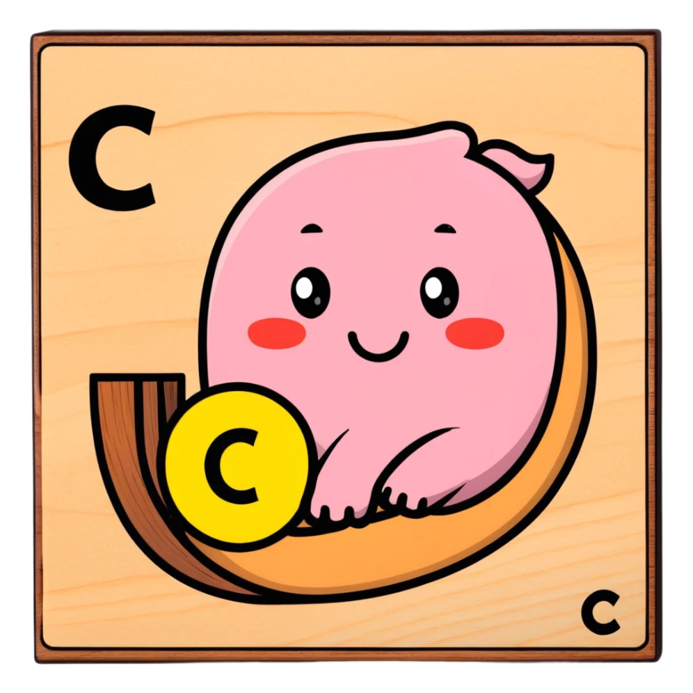 A cartoon wooden alphabet block with letter C and a cute face with rosy cheeks sticker