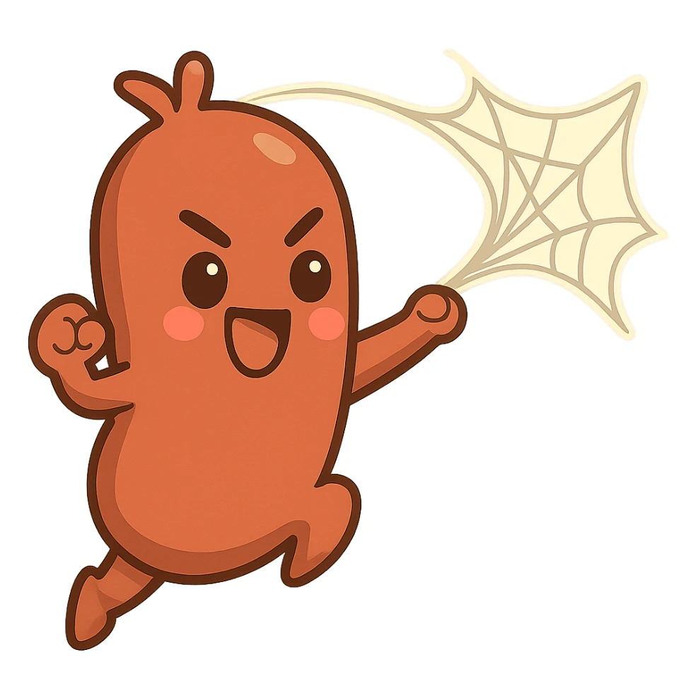 Edit the image so that the web is coming out of the sausage character's head instead of the end. Make the pose energetic with no background. sticker