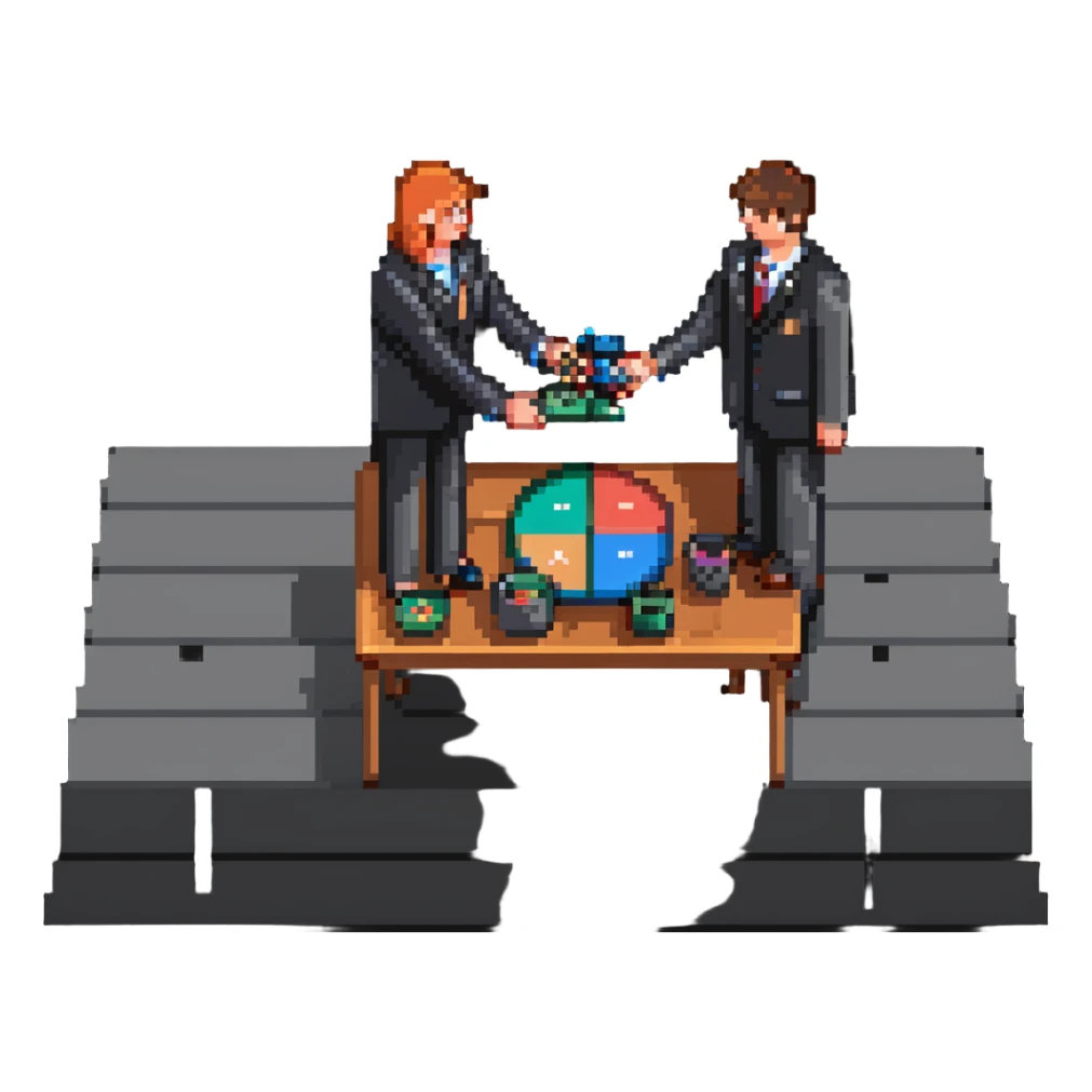 scene of two people shaking hands over a table with charts and coins sticker