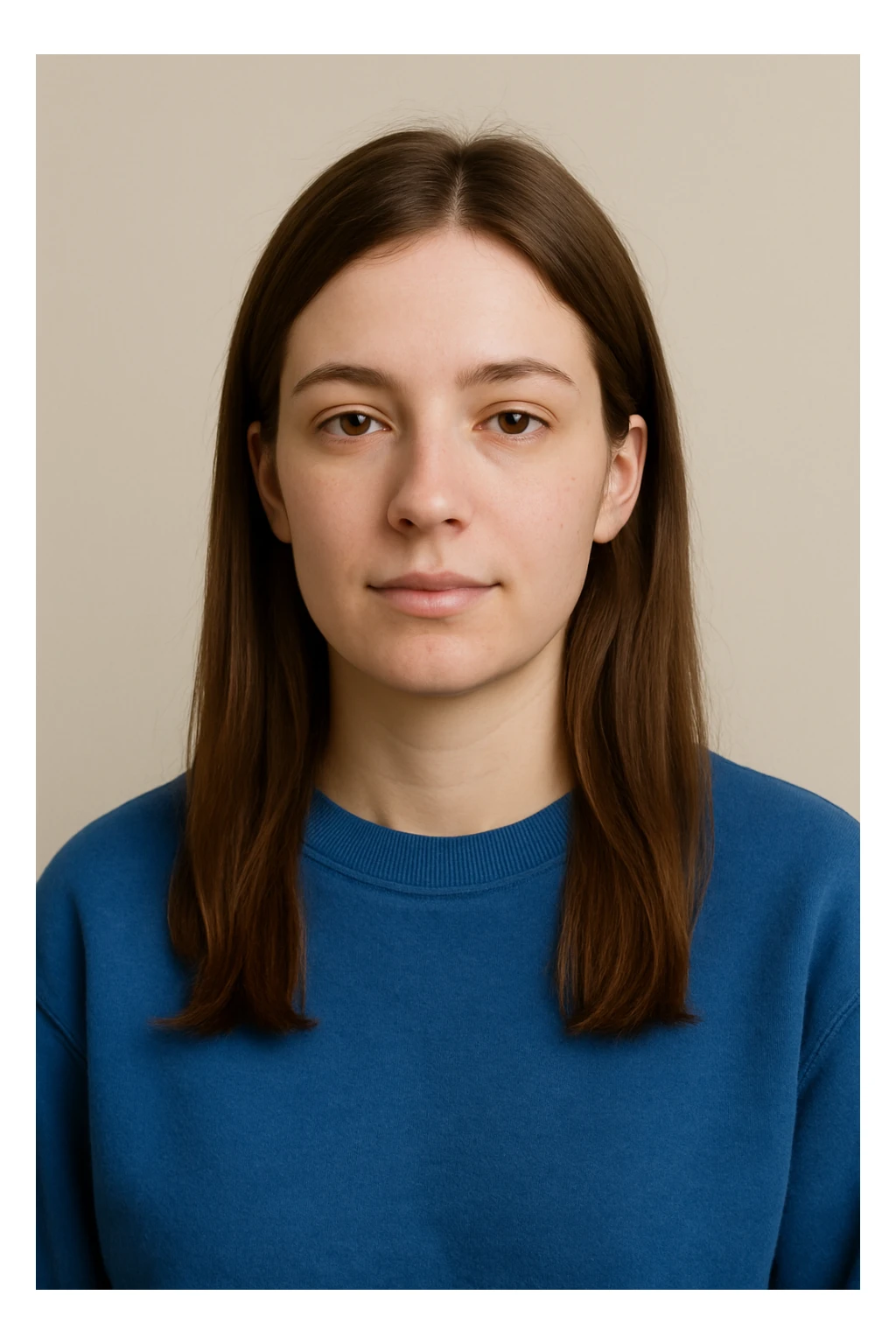 white female, straight brown hair, blue crewneck sweatshirt, relaxed, plain background sticker