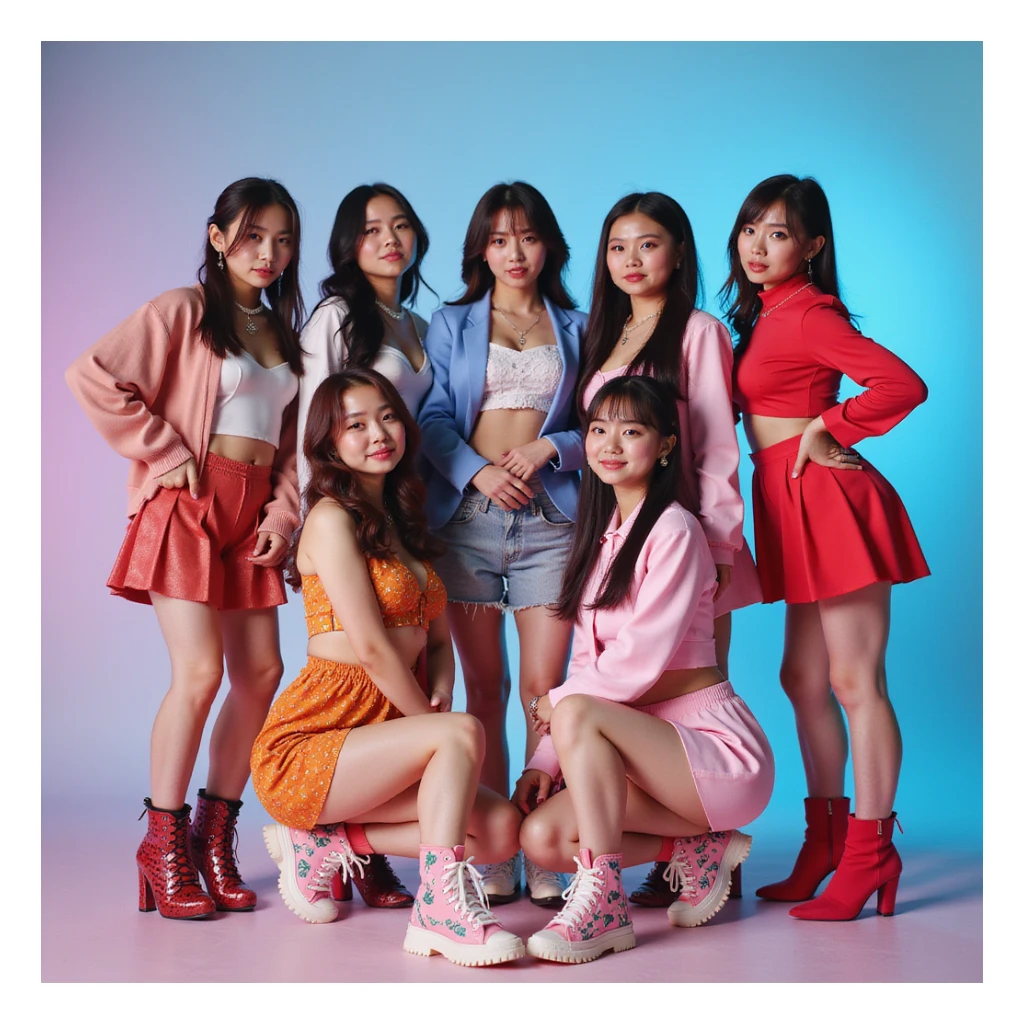 Blackpink, K-pop group, group pose, vibrant stage outfits, energetic, photorealistic style sticker