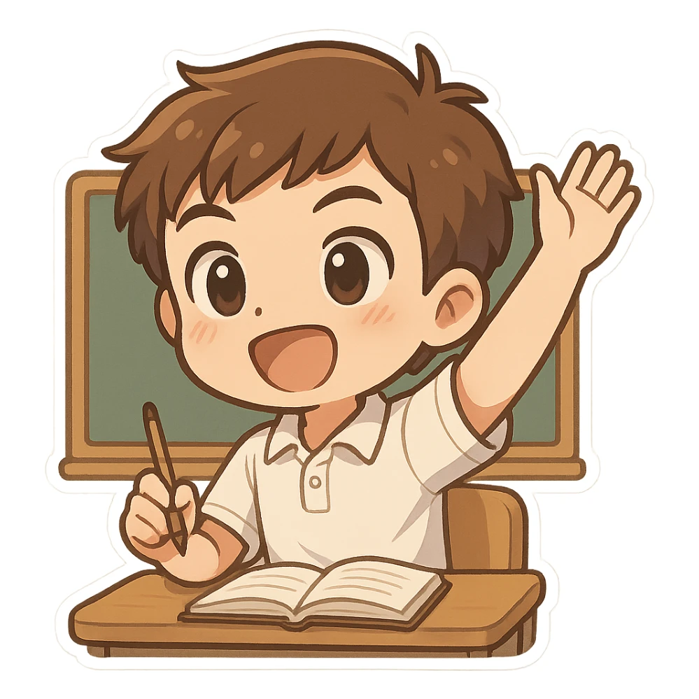male student wearing a white polo shirt, actively participating in a school activity, energetic and engaged, classroom setting, chibi sticker style sticker