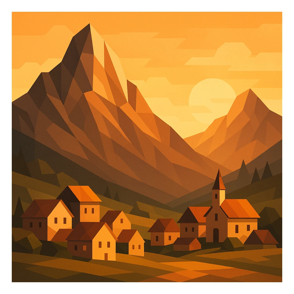 a mountain village at sunrise, polygonal style sticker