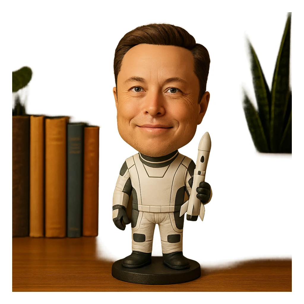 bobblehead of Elon Musk in a space suit holding a small rocket sticker