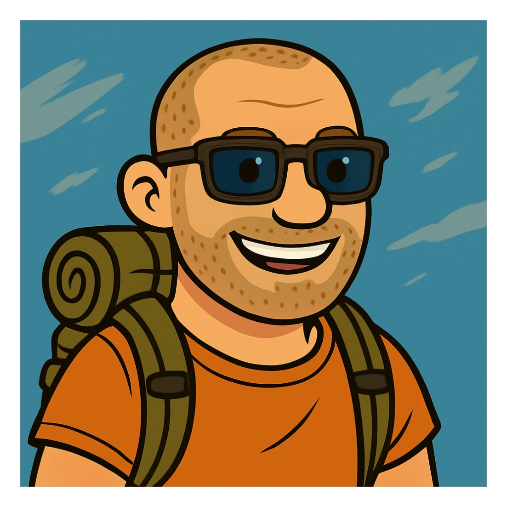 Make the bold man smile, keep the cartoon style, squared dark glasses, blue eyes, traveler vibe. sticker