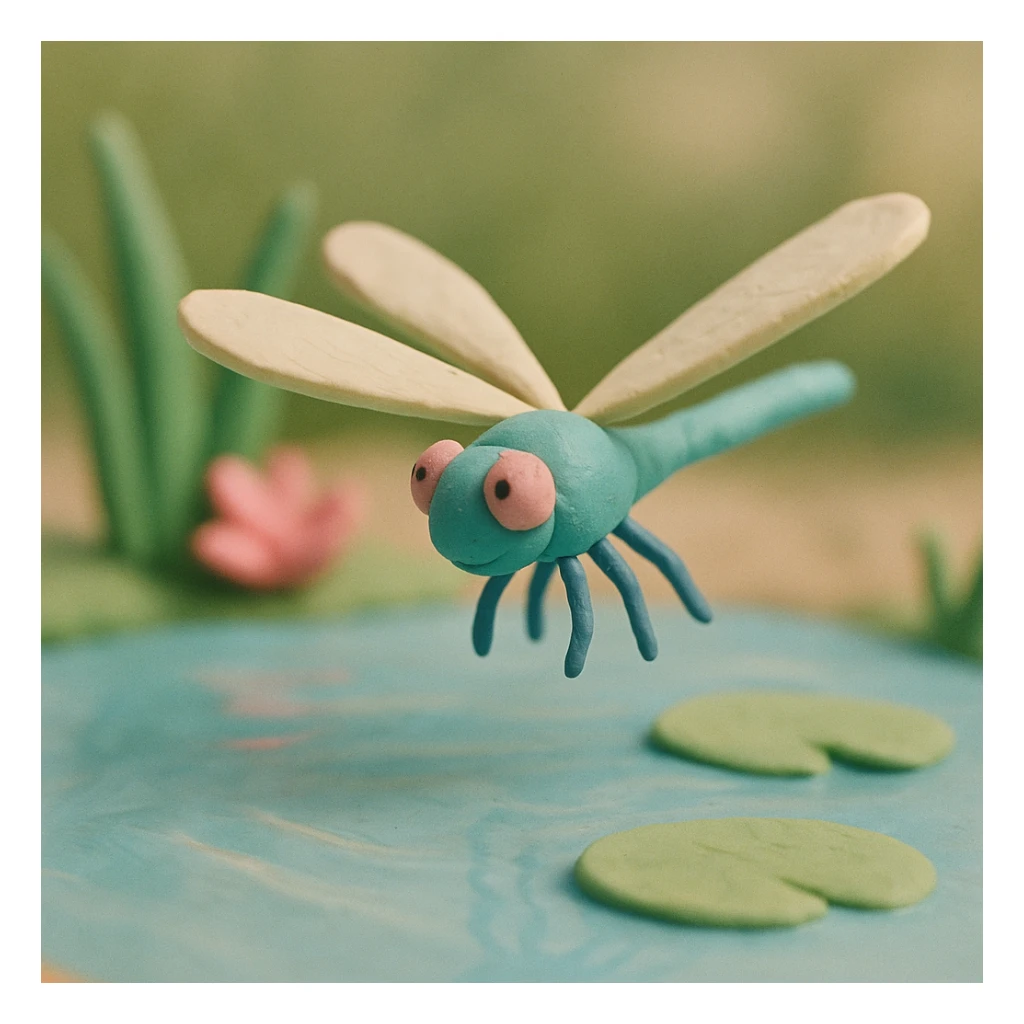 claymation style dragonfly hovering above a pond, soft pastel colors, visible wings and water reflections sticker
