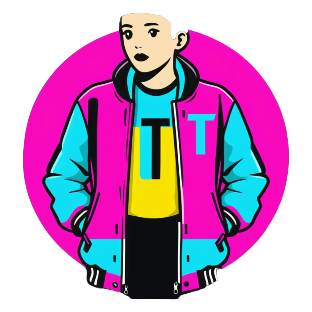 Minimalist sticker with white 'tt' letters on a black circle with cyan, magenta, and yellow dots below, jacket with street style influence sticker