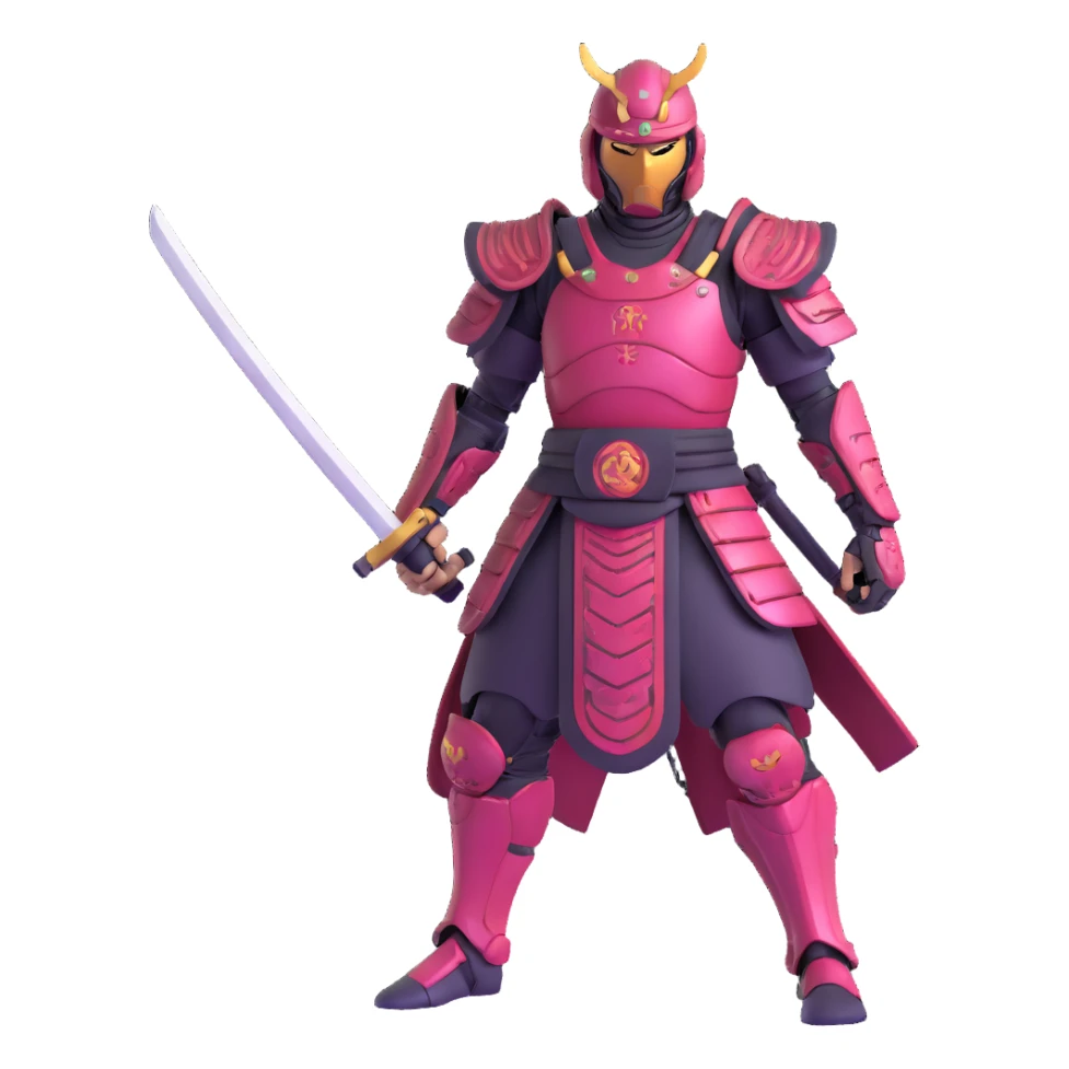 cyborg male samurai in neon cyberpunk environment with holographic armor sticker