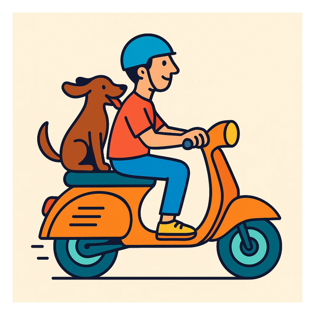 color vector art with thin outline of man and pet dog riding a scooter sticker