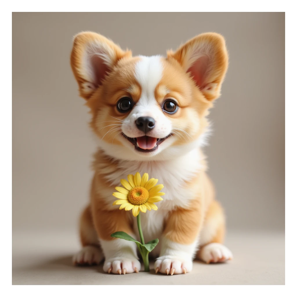 photorealistic small cute corgi puppy with a flower, playful expression, fluffy fur sticker