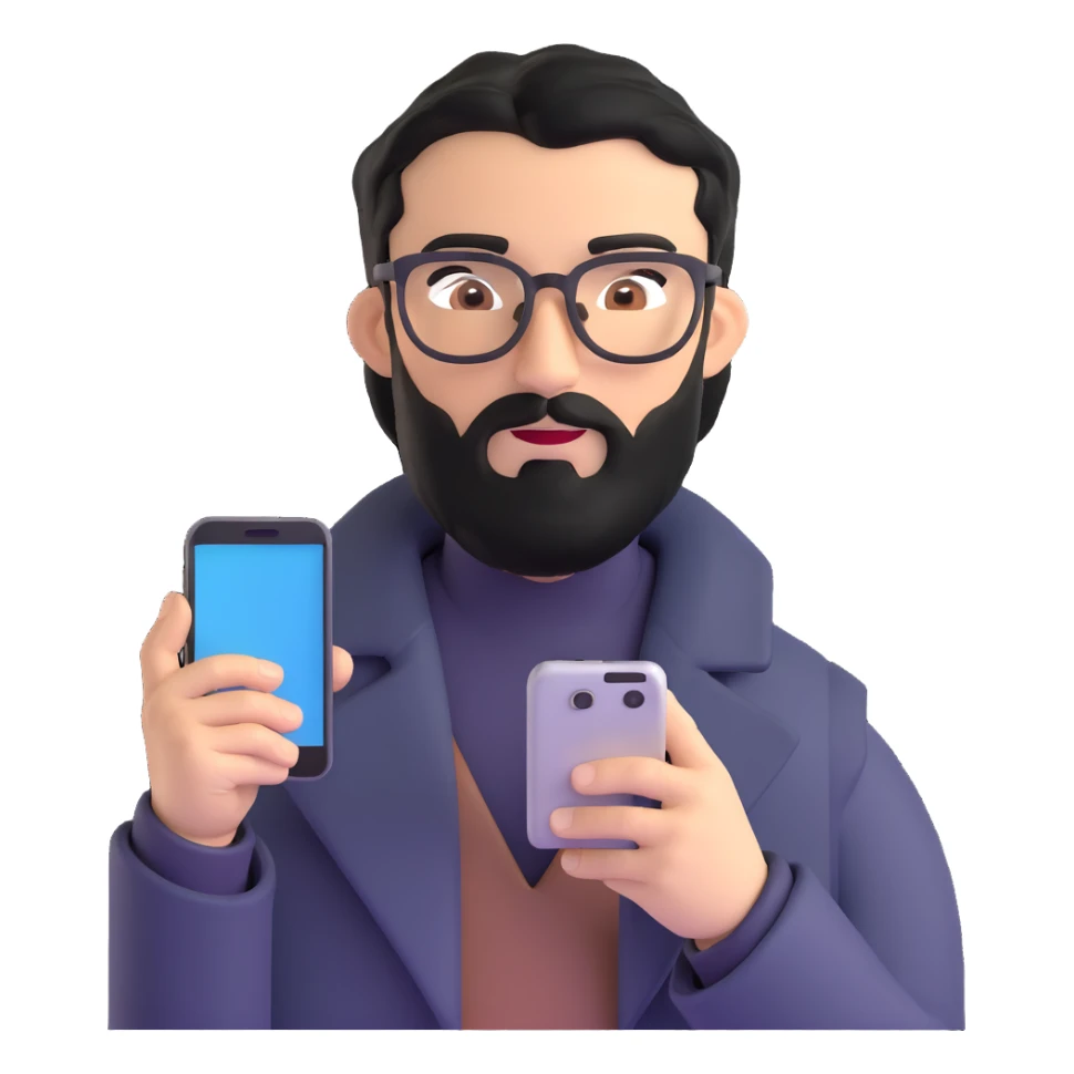 professional man with medium black beard, neat black hair, connected unibrow, olive tan skin, brown eyes, glasses, prominent nose, wearing a black coat, holding a smartphone sticker