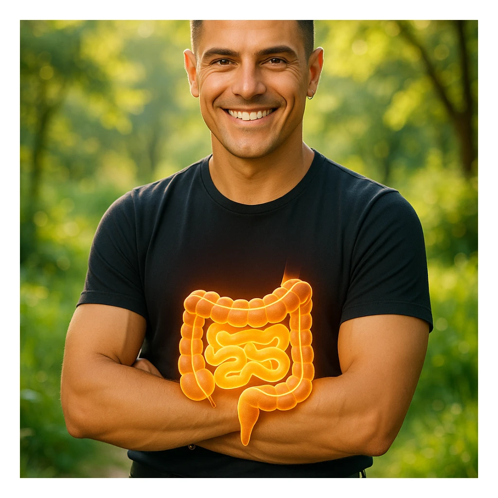 Create a semi-realistic, wellness-themed image of a fit 30-year-old man inspired by the reference image. Show a glowing stylized healthy intestine with a clean and well-shaped gut. The man is smiling confidently in a natural outdoor setting with soft natural light, conveying a positive and vibrant atmosphere. sticker