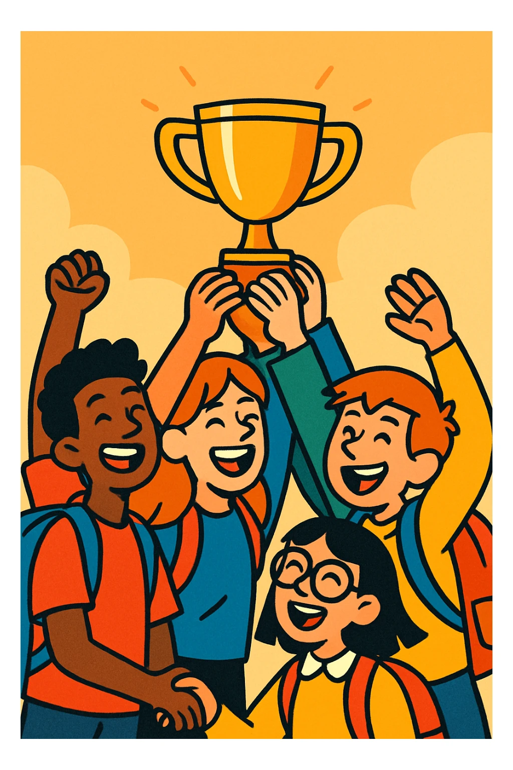 quatre étudiants heureux soulèvent ensemble un trophée, style illustration expressive, fond simple, ambiance de victoire sticker