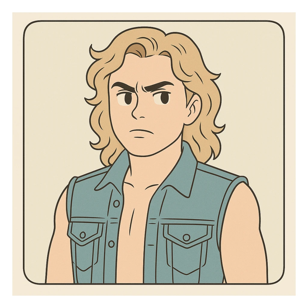 Billy Hargrove from Stranger Things with wavy blonde hair, sleeveless denim jacket, defiant expression, simple line art, light pastel tones, thick outlines, in Ghibli style, 1:1 format, inspired by the provided references. sticker