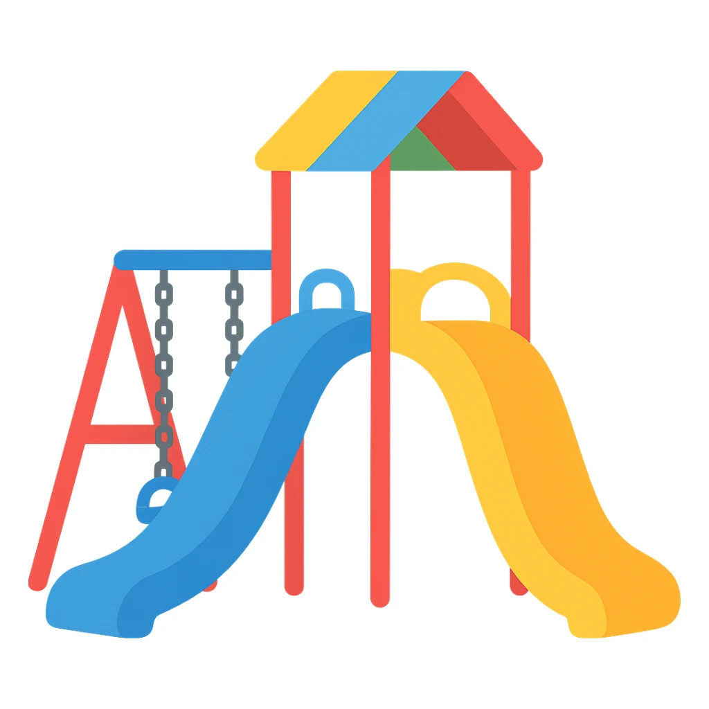 Simplify the fun playground scene with multicolored slide and swings into a simple emoji style illustration. Remove the background and keep the design minimal and colorful like an emoji. sticker