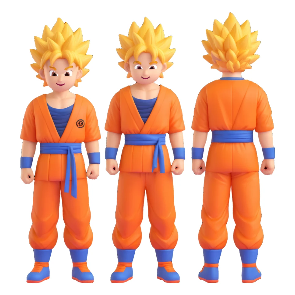 Goku as a 3D emoji, spiky hair, orange gi, smiling sticker