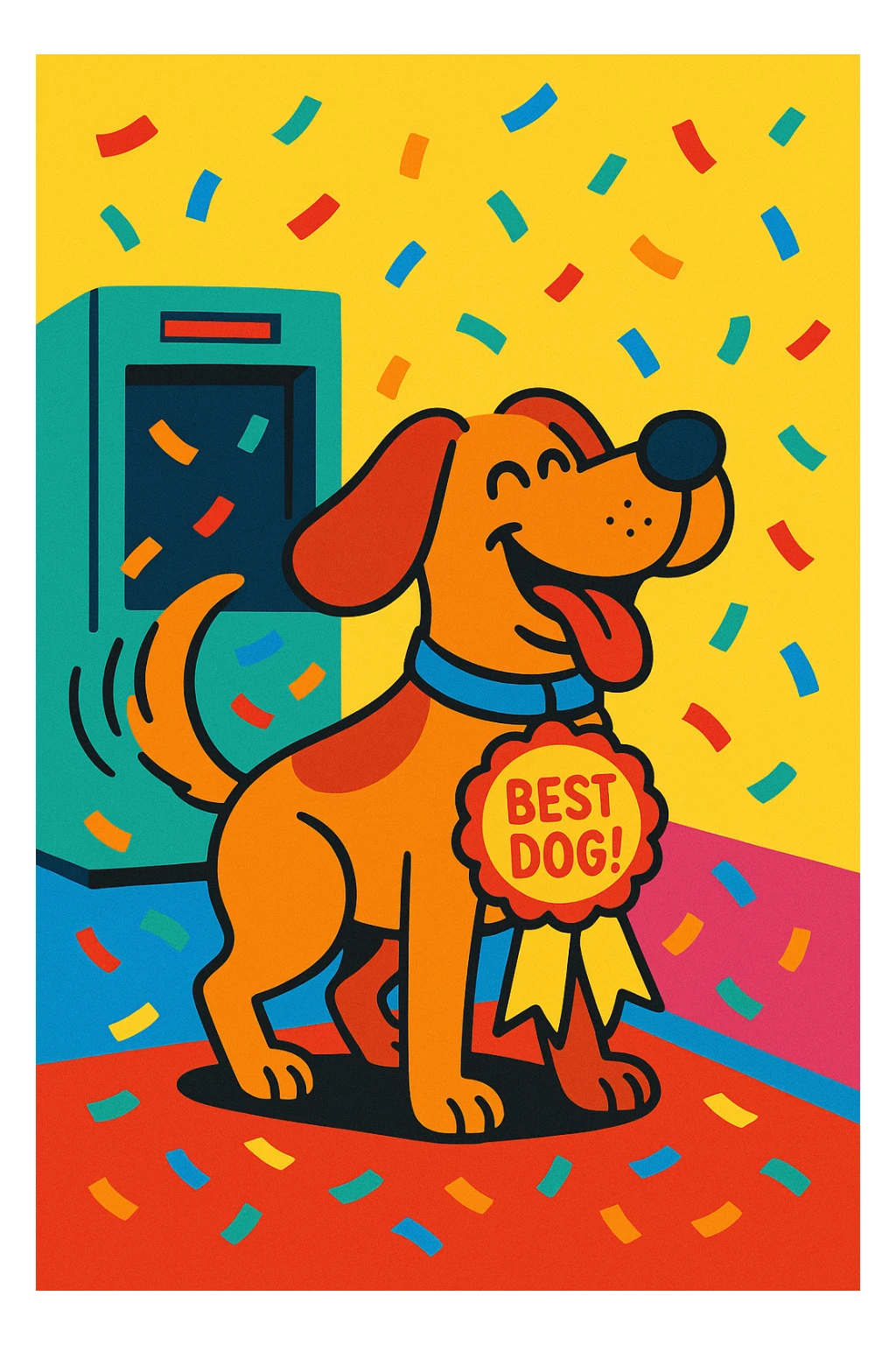 final scene with confetti and a badge that says 'Best Dog!', dog wagging tail, scanner in background, playful and colorful style sticker