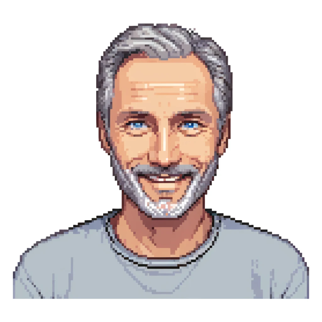 A middle-aged man with a medium black and gray beard, short dark hair cut to the scalp on the sides and combed back on top, blue eyes, smiling sticker