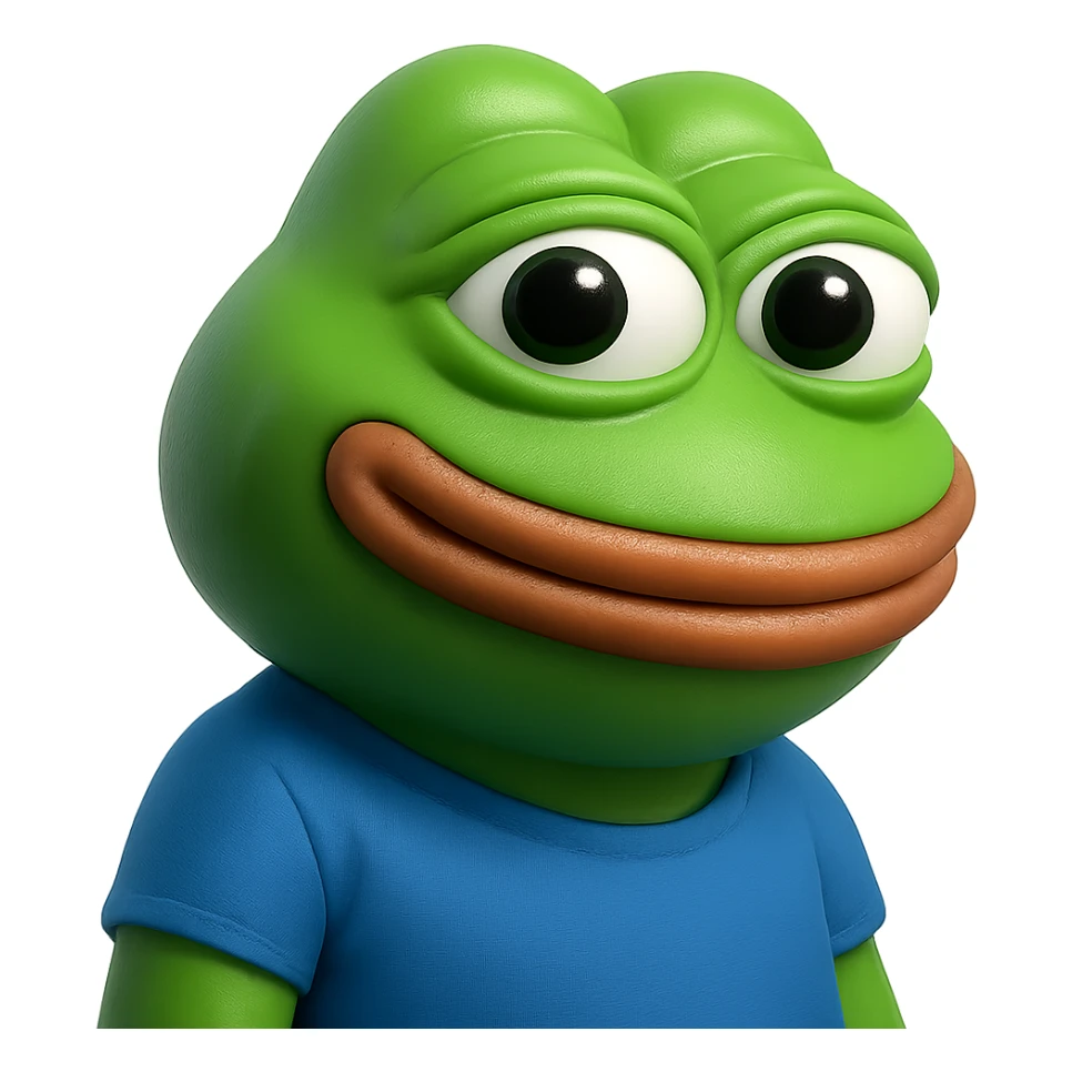pepe in
- 3d style
- bright green
- smiling
- looking straight at the camera
- good highlights and shadows
- 30deg angled towards the left sticker