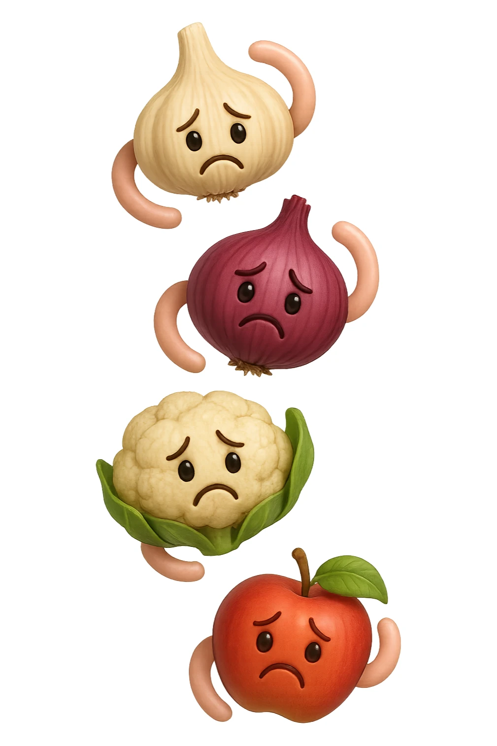 EMOJI STILE IPHONE DI aglio, cipolle, cavolfiore e mele che cadono verticalmente dall'alto con espressione triste con pezzi di colon avvolti intorno, IPERREALISTICO 4K sticker