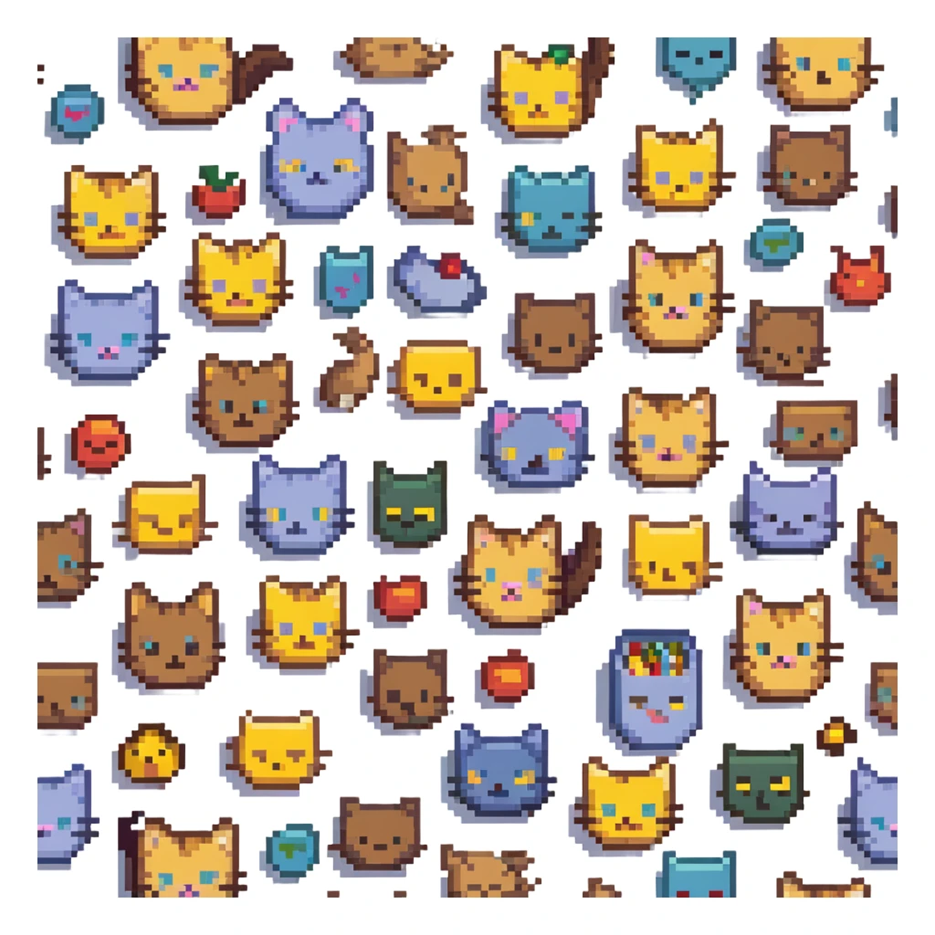 pixel art kitty surrounded by emoji sketches, playful scene sticker