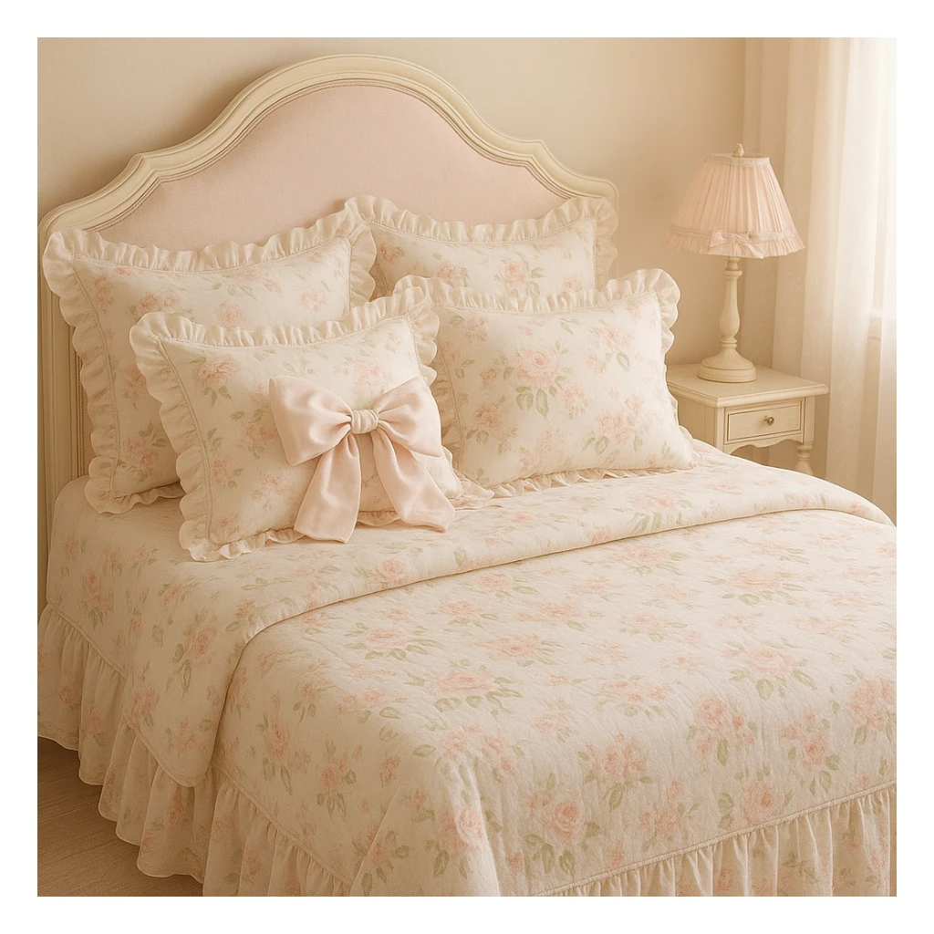 a soft pastel bed with floral patterns, bows, and a feminine coquette vibe, elegant and cozy sticker