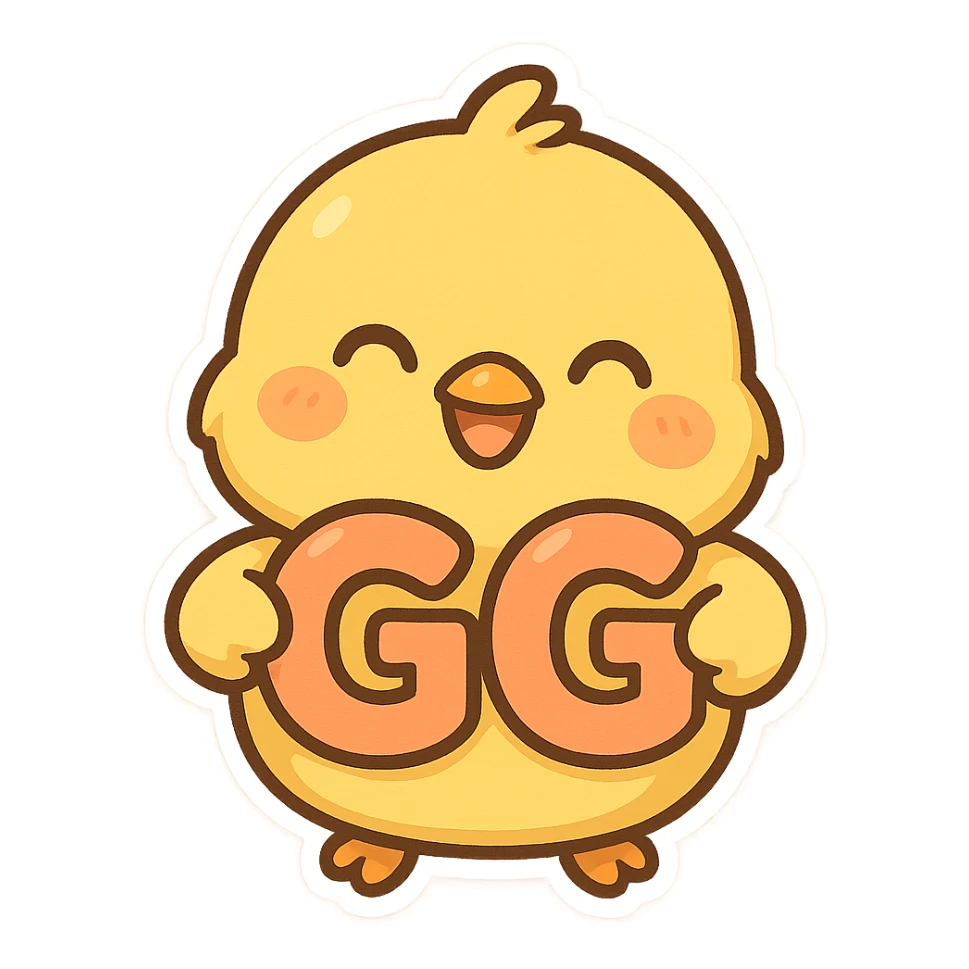 cartoon chick holding the letters GG, bright and cheerful sticker