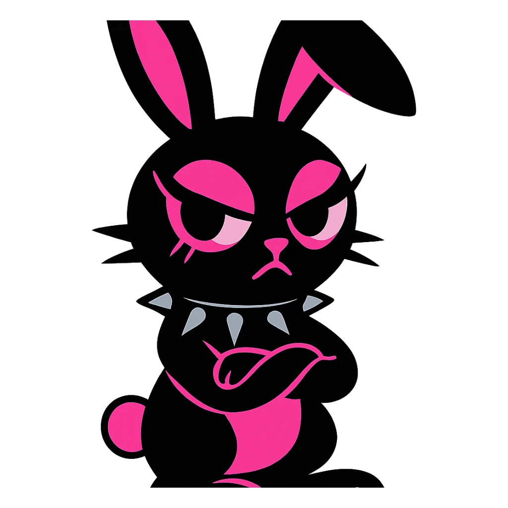 gothic bunny with black and pink colors, spiked collar, dramatic eye makeup, vibrant toon style sticker