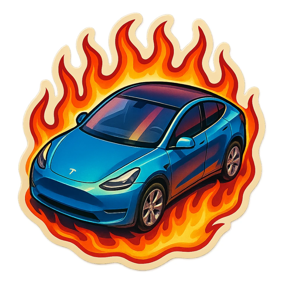A Tesla Model Y parking in a driveway, from above, with fire around sticker