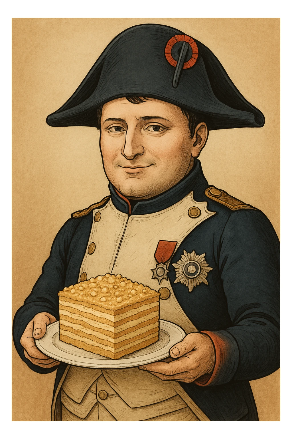 Используя такую стилистику сгенерируй Наполеона Бонапарта, который довольный держит в руках тарелку с тортом Наполеон, будто презентуя ее зрителю sticker