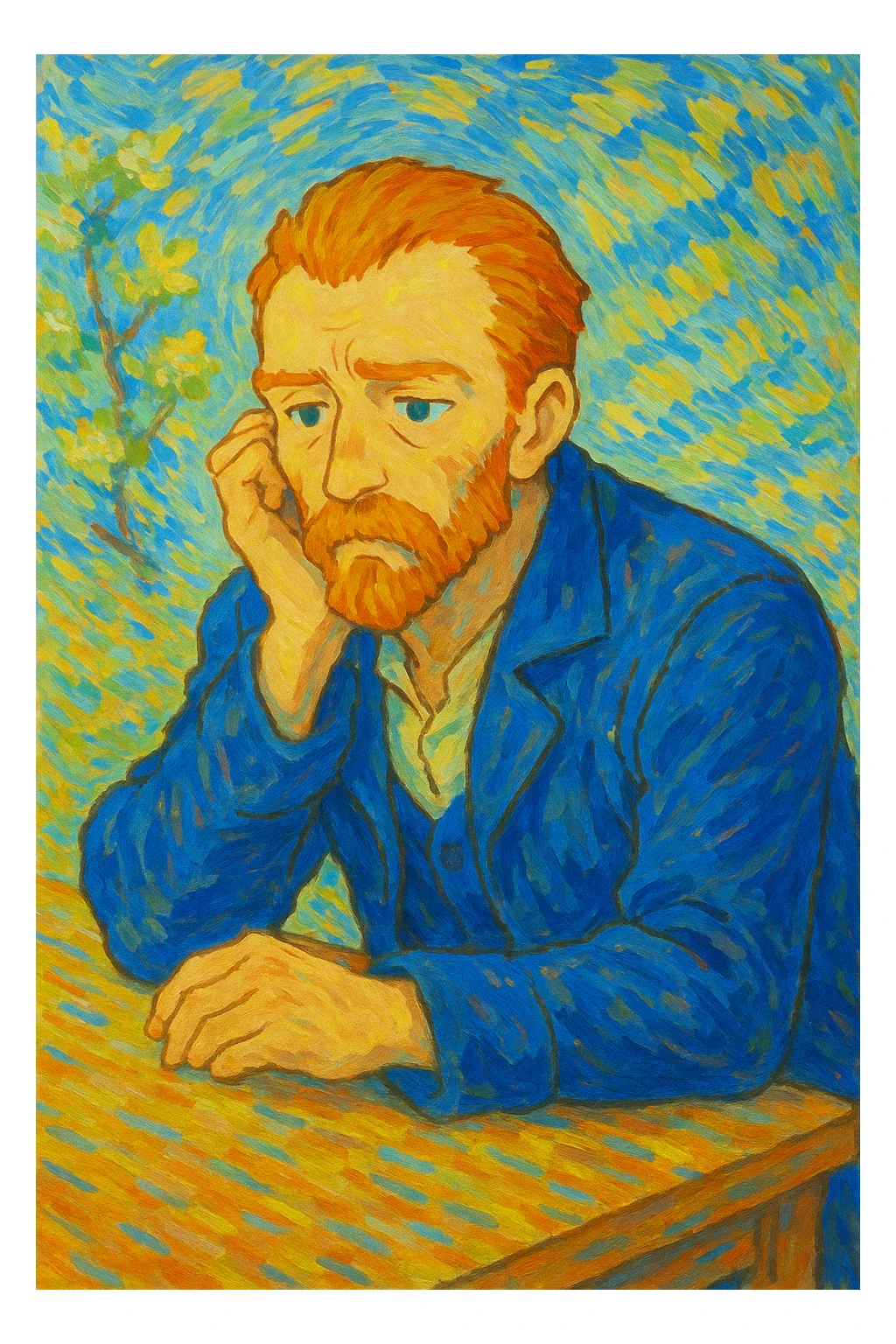 Van Gogh sitting and thinking, impressionist style, bright brush strokes, inspired by his self-portraits sticker